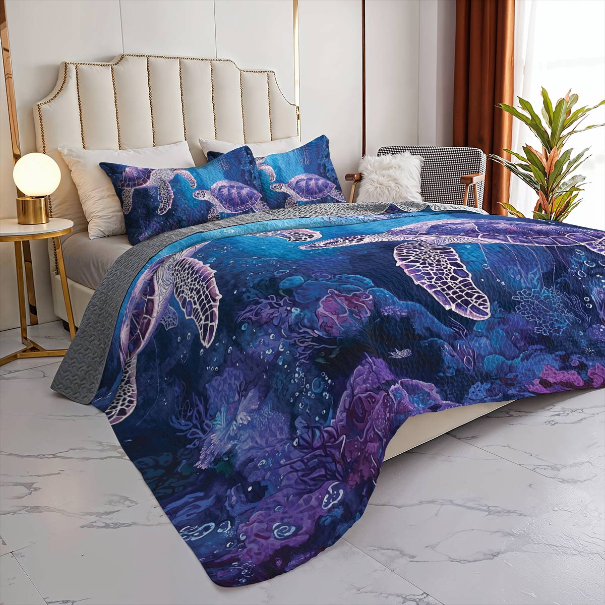 Shineful All Season Quilt 3-Piece Set - Sea Turtle & Jellyfish Harmony