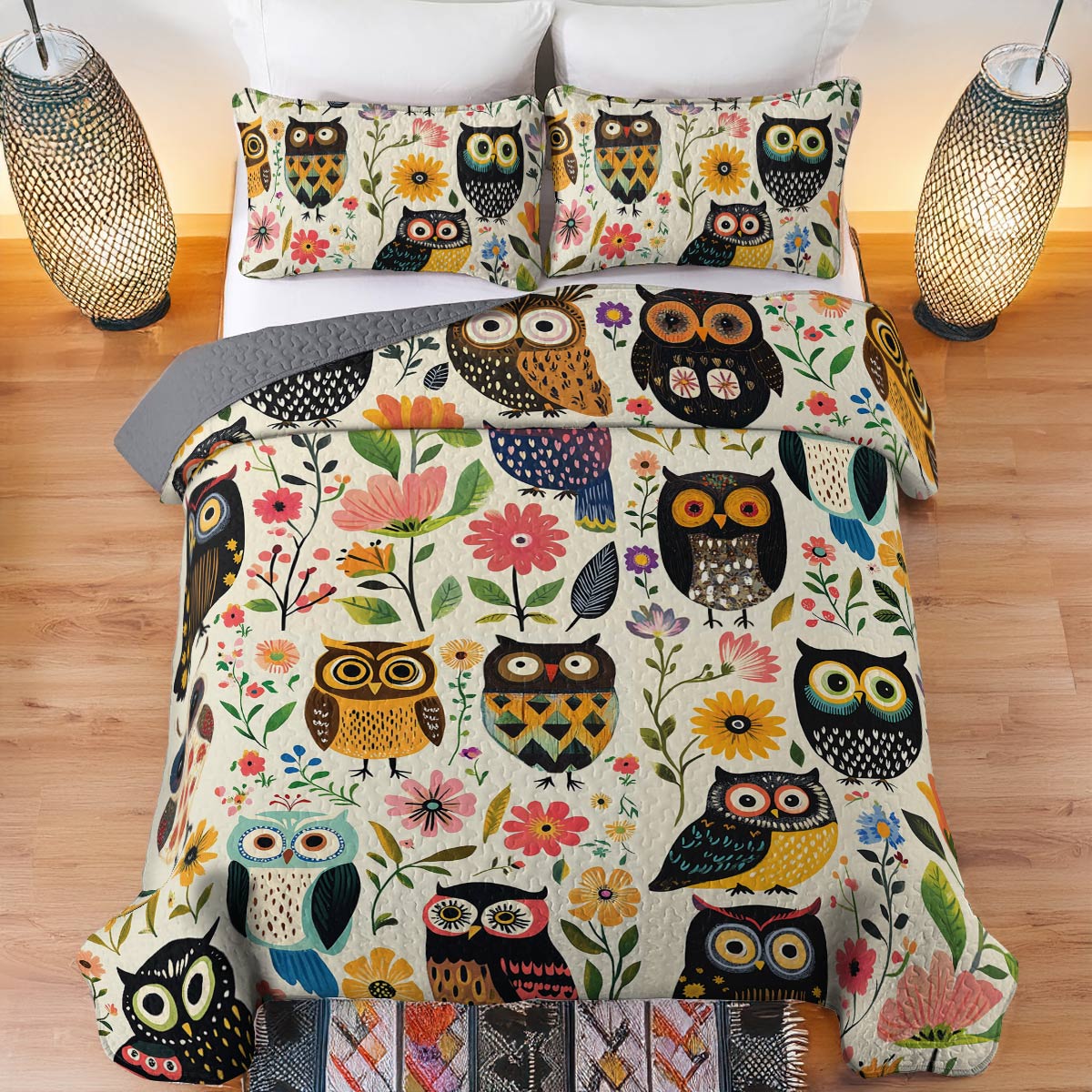 Shineful All Season Quilt 3-Piece Set Gentle Flowers Owl