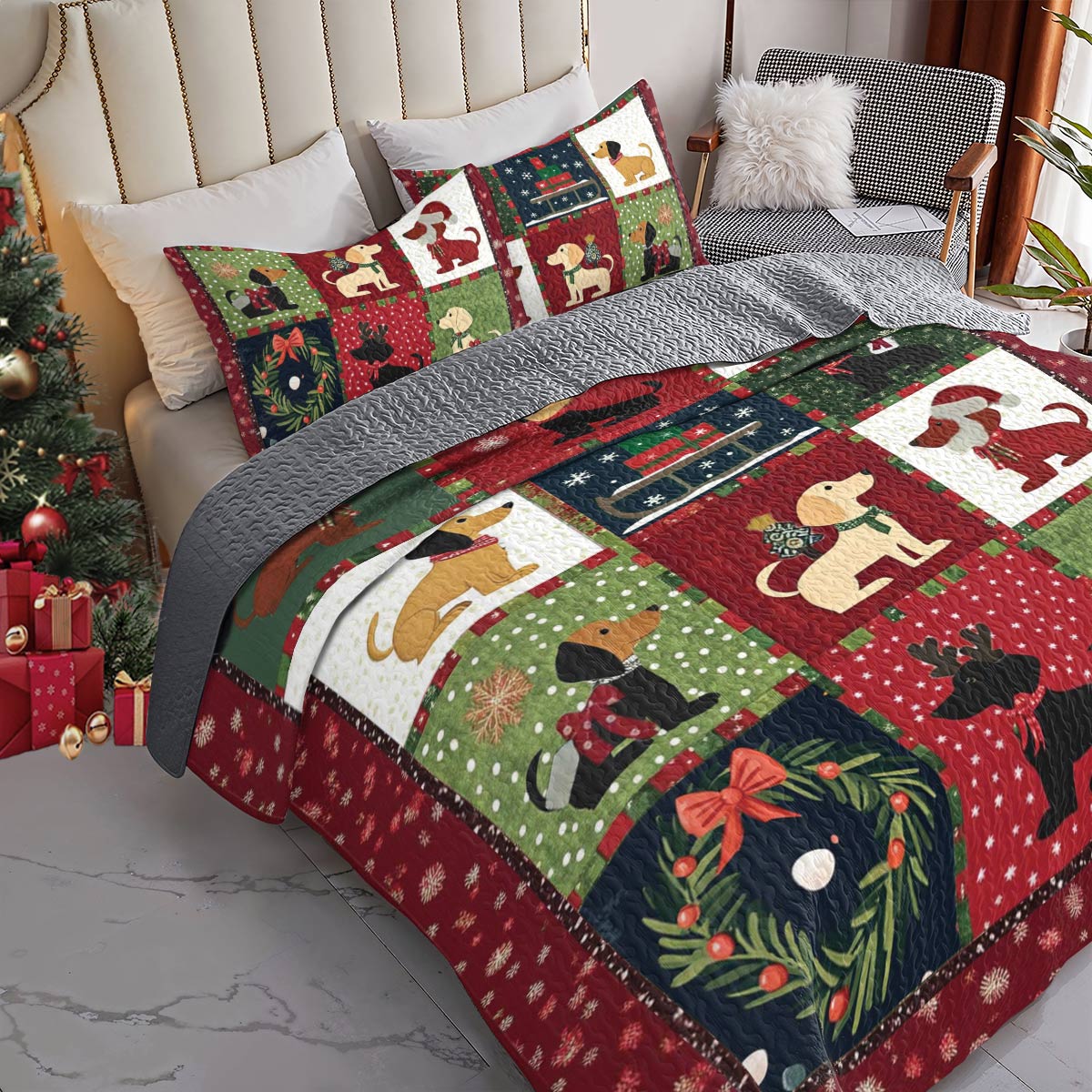 Shineful All Season Quilt 3-Piece Set Festive Dachshunds