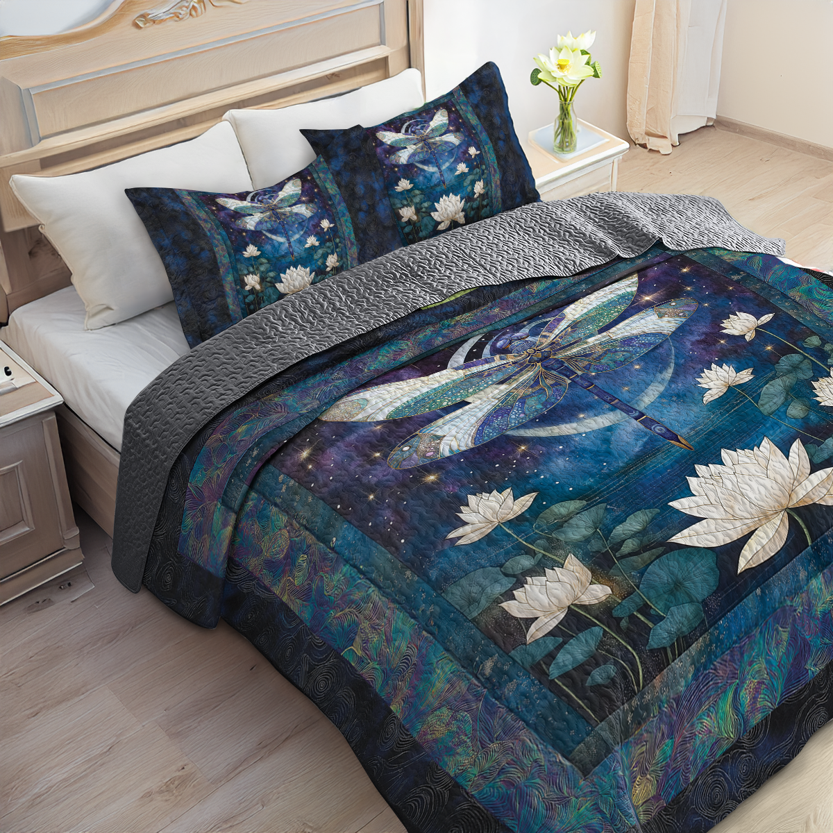 Shineful All Season Quilt 3-Piece Set  Celestial Dragonfly And Lotus
