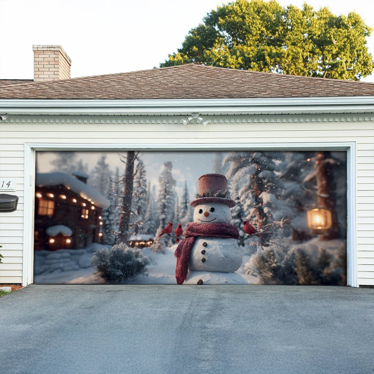 Shineful Garage Door Banner Decoration Snowman & Cardinals Winter Cabin
