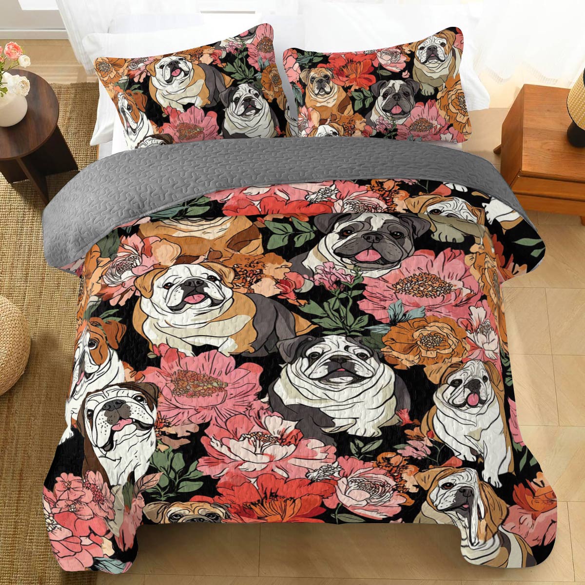 Shineful All Season Quilt 3-Piece Set Blooming Bulldogs
