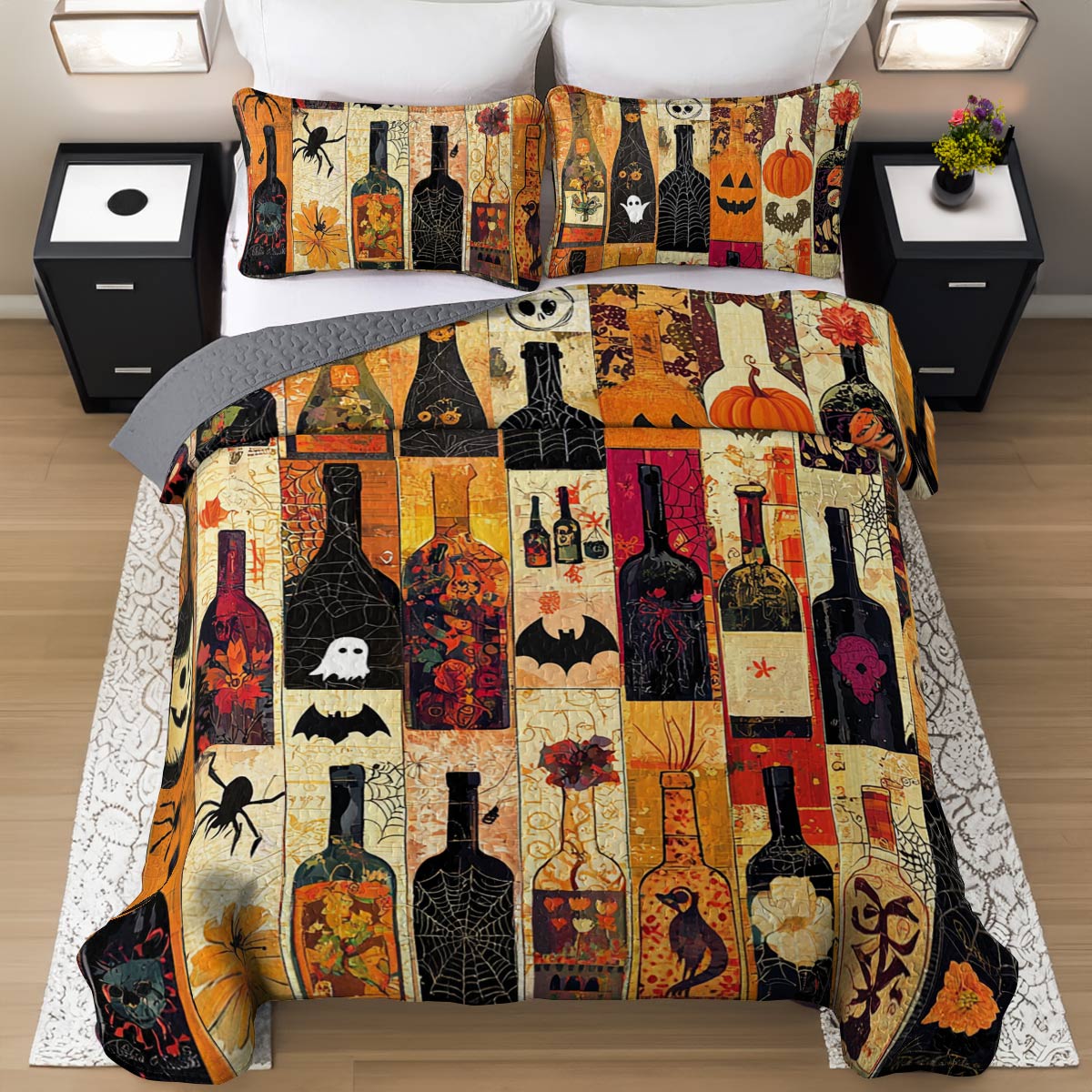 Shineful All Season Quilt 3-Piece Set Halloween Dazzling Wine Bottles