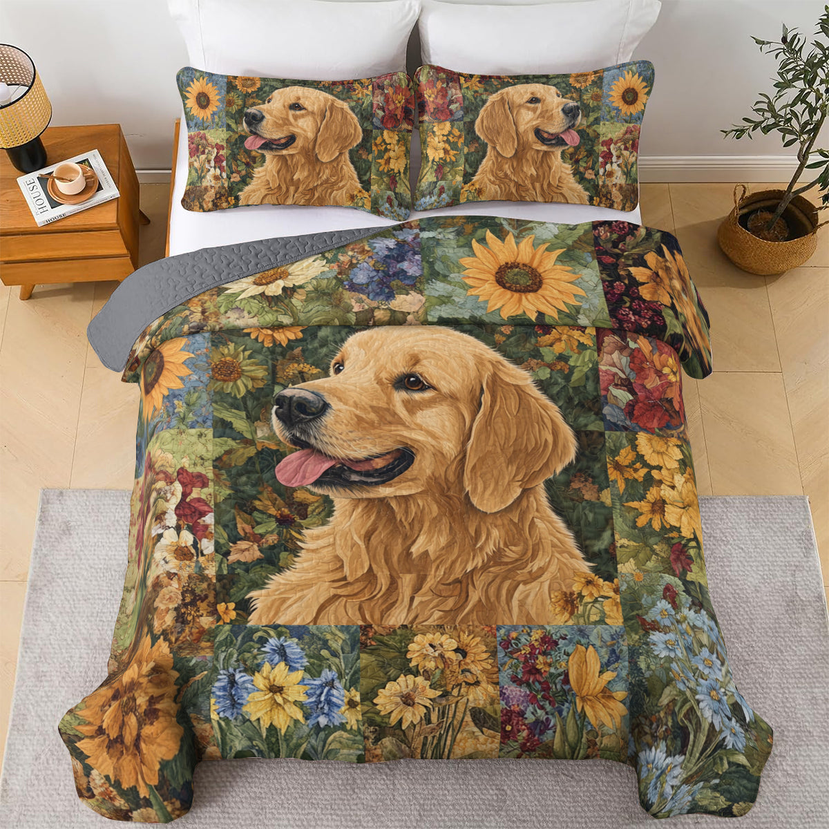 Shineful All Season Quilt 3-Piece Set Golden Retriever Floral Bliss