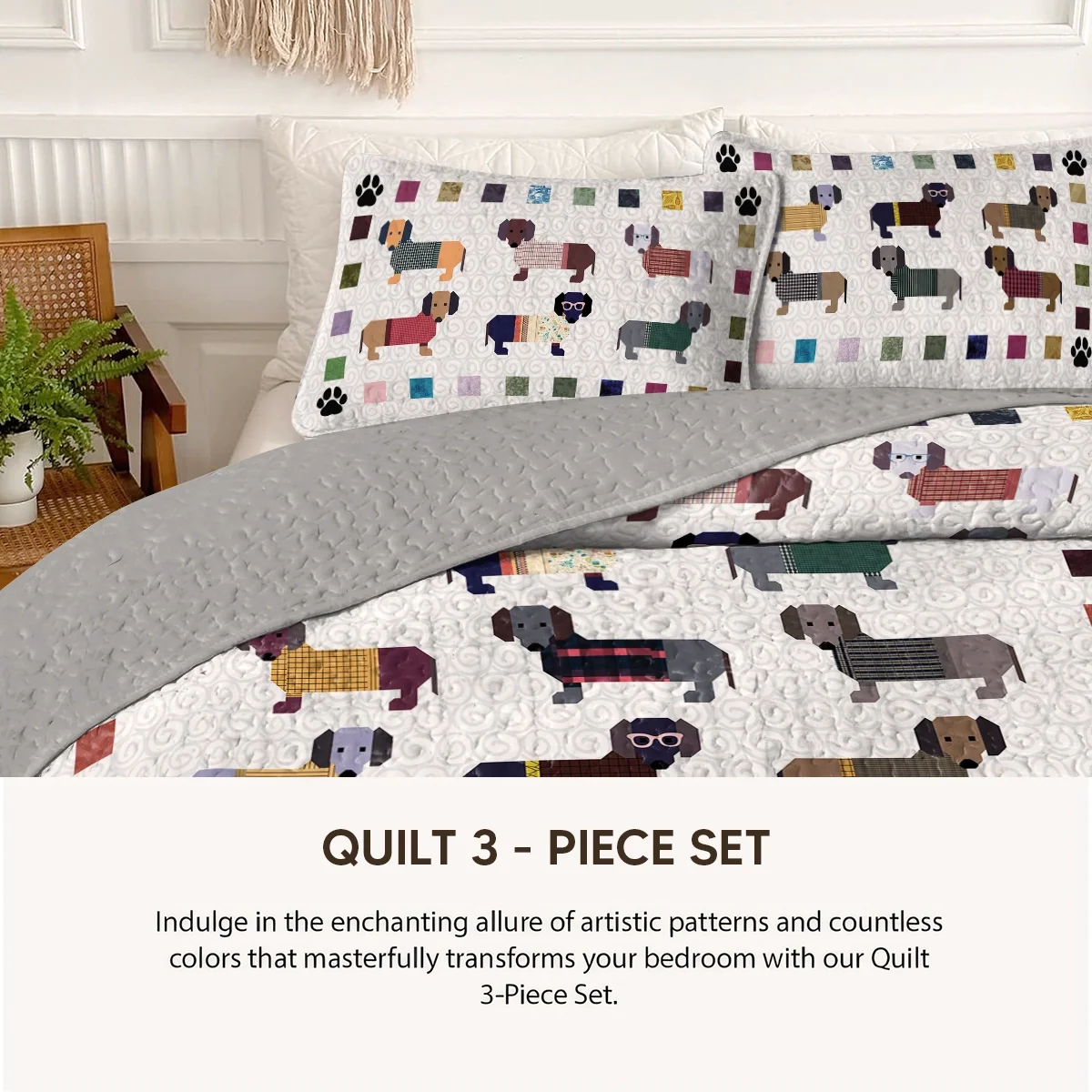 Shineful Quilt 3-Piece Set Dachshund Paws and Patches