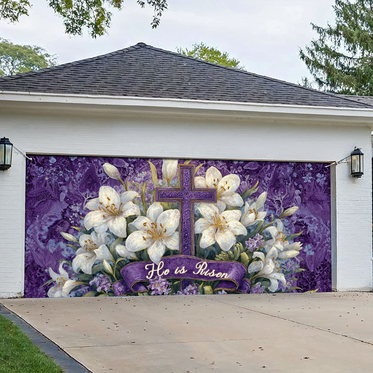 Shineful Garage Door Banner Decoration Easter Lily Cross