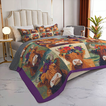 Shineful All Season Quilt 3-Piece Set - Floral Crowned Highland Cow