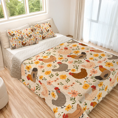 Shineful All Season Quilt 3-Piece Set - Chicken Floral Cluckin' Cozy