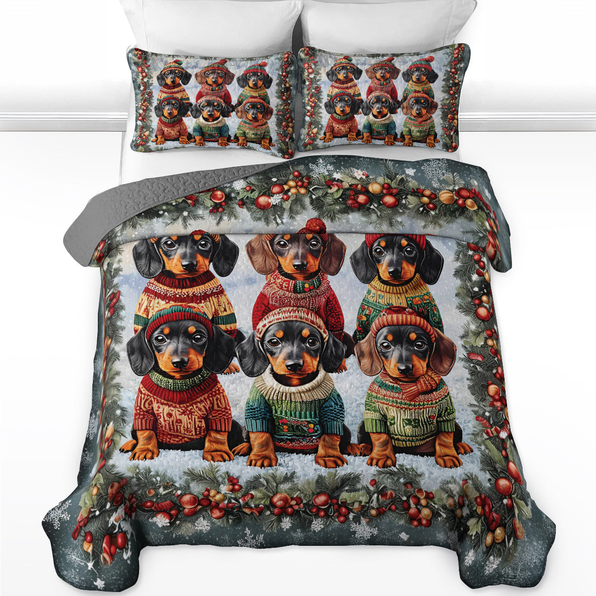Shineful All Season Quilt 3-Piece Set Xmas Dachshund