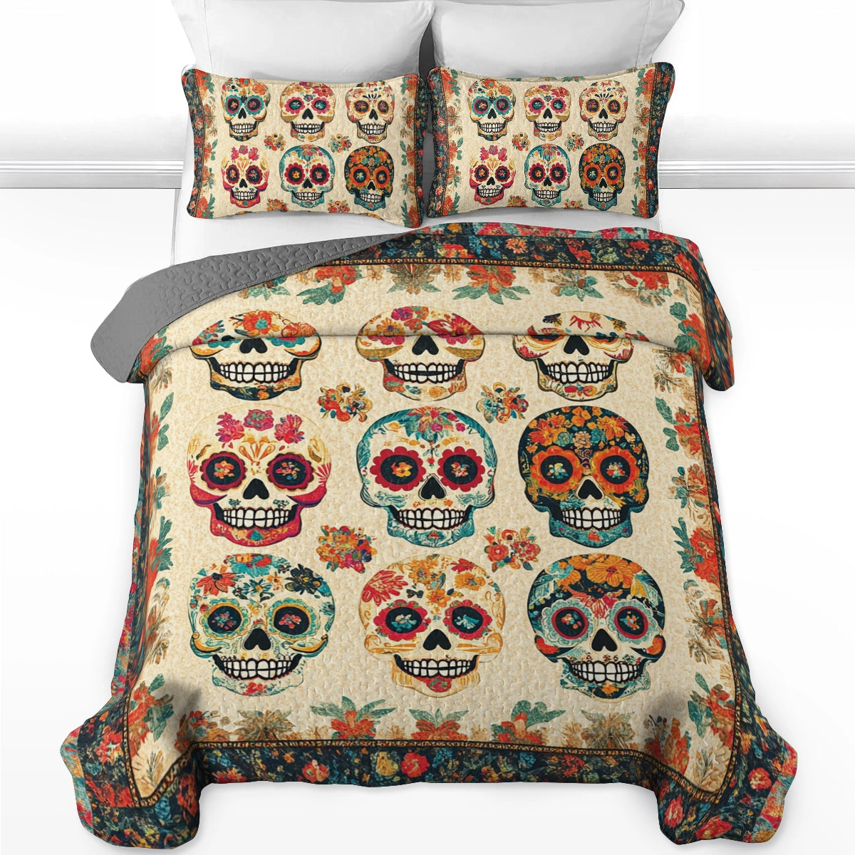 Shineful All Season Quilt 3-Piece Set Vintage Skull Bouquet