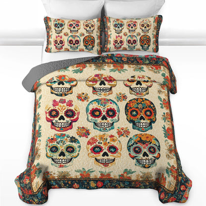 Shineful All Season Quilt 3-Piece Set Vintage Skull Bouquet