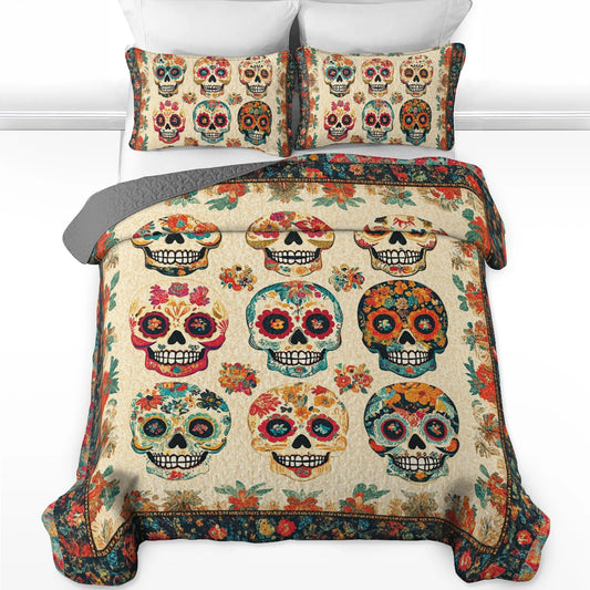 Shineful All Season Quilt 3-Piece Set Vintage Skull Bouquet