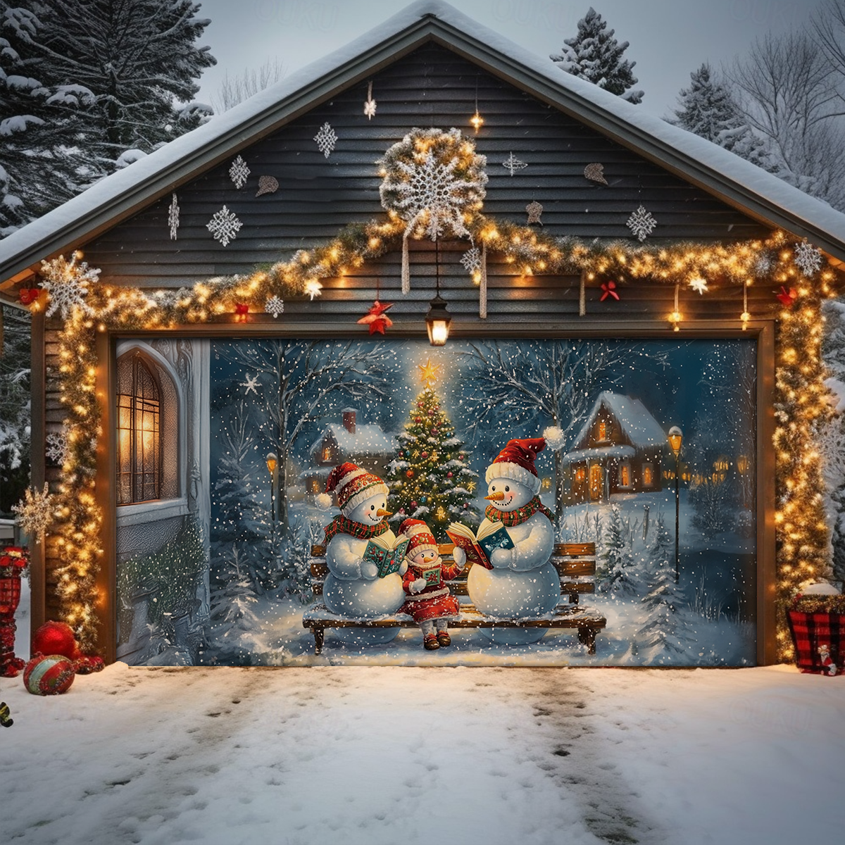Shineful Garage Door Banner Decoration - Snowman Family Reading