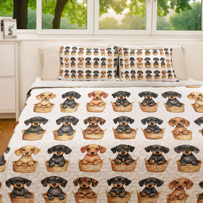 Shineful All Season Quilt 3-Piece Set Cute Dachshund In Basket V1