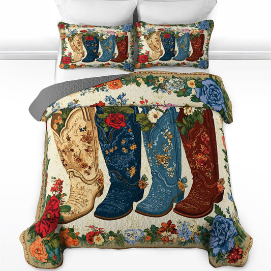Shineful All Season Quilt 3-Piece Set Cowboy Boots And Flowers