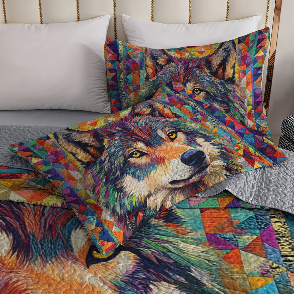 Shineful All Season Quilt 3-Piece Set Colorful Wolf