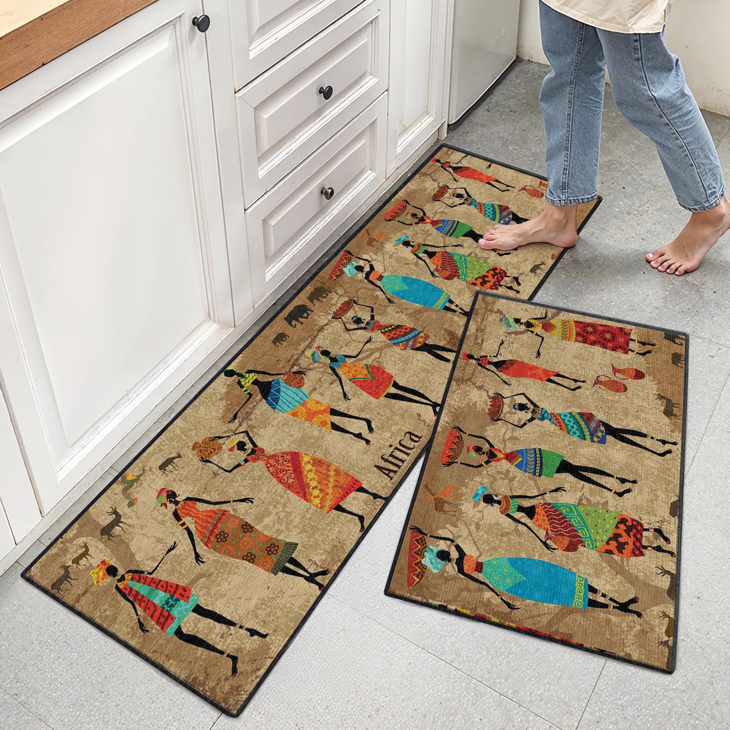 Shineful Ultra-Thin Non Skid Floor Mat, Kitchen Rugs African Rhythm