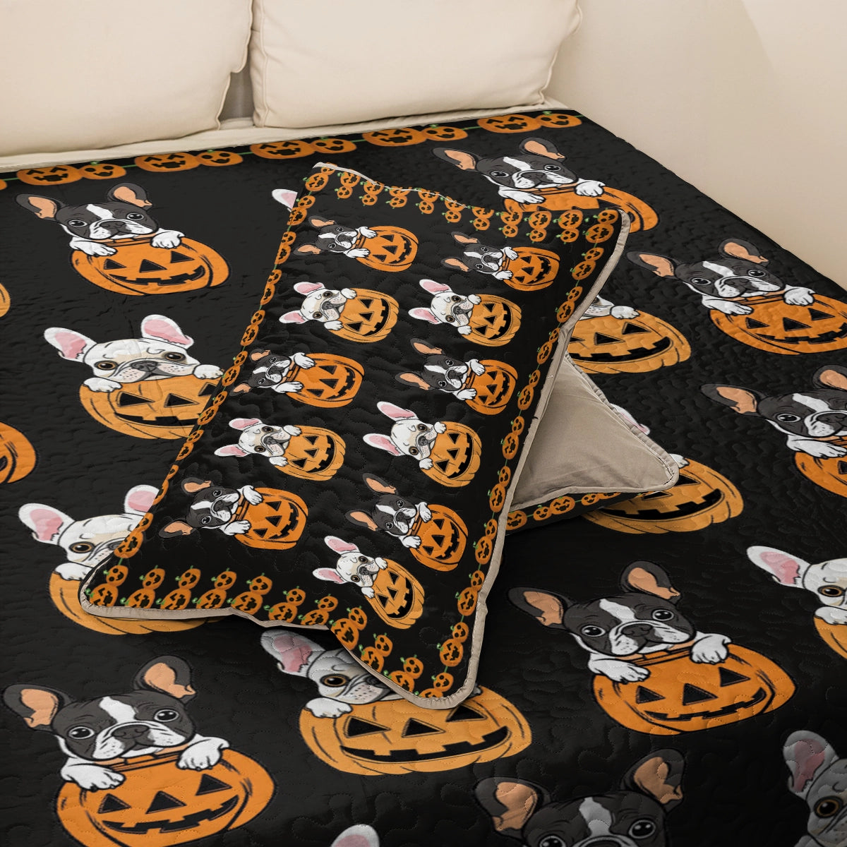 Shineful All Season Quilt 3-Piece Set - Puppy Frenchie Pumpkin