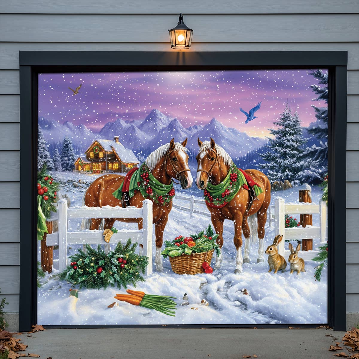 Shineful Garage Door Banner Decoration Festive Horses in Winter Wonderland