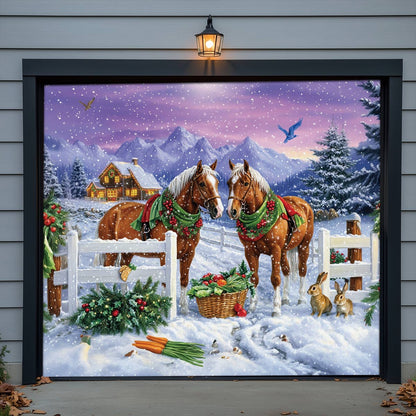 Shineful Garage Door Banner Decoration Festive Horses in Winter Wonderland