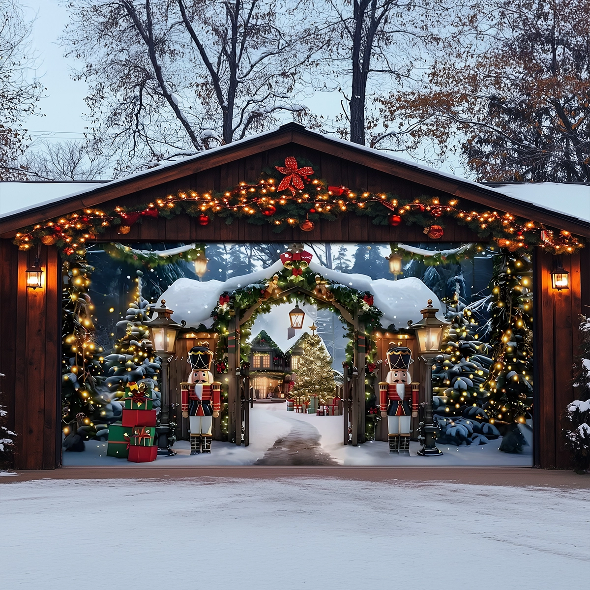 Shineful Garage Door Banner Decoration Snowy Nutcracker Celebration