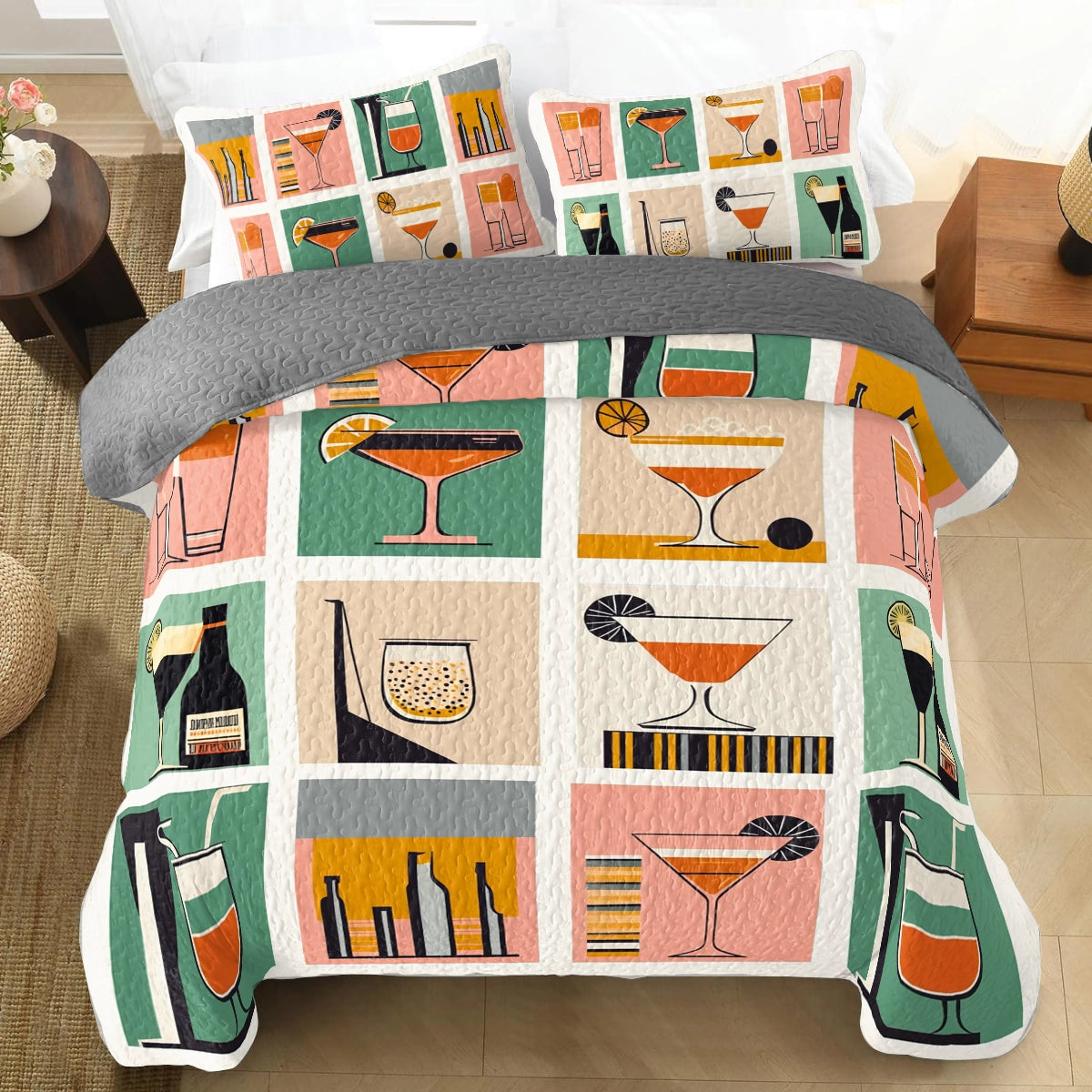 Shineful All Season Quilt 3-Piece Set Wine Retro Cocktail Hour