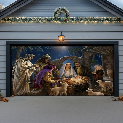 Shineful Garage Door Banner Decoration Glorious Nativity Scene