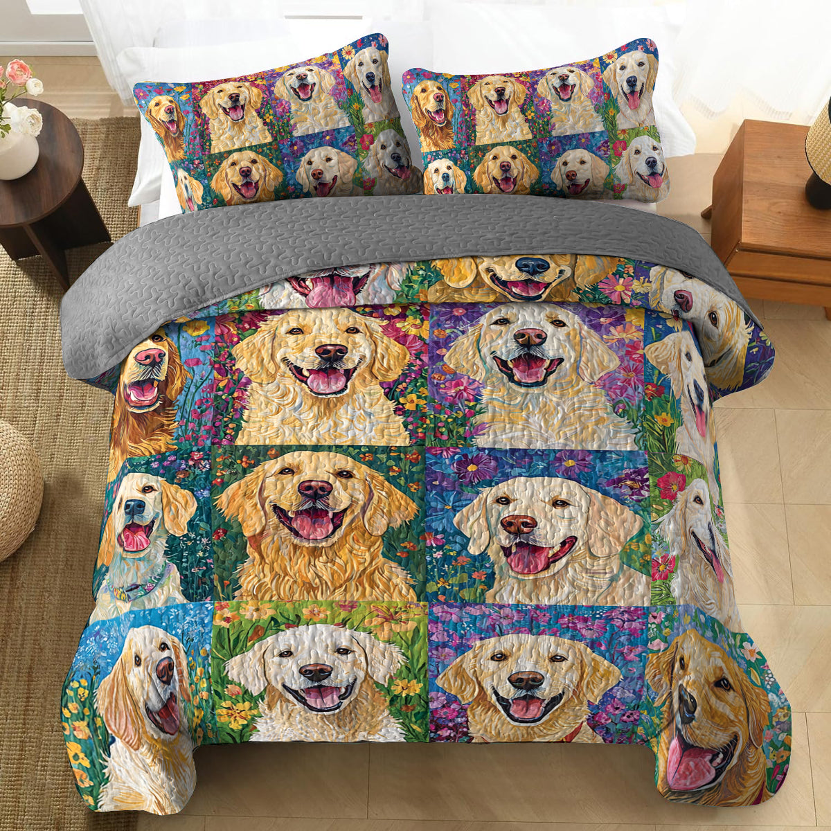 Shineful All Season Quilt 3-Piece Set Golden Retriever Garden