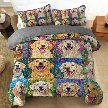 Shineful All Season Quilt 3-Piece Set Golden Retriever Garden