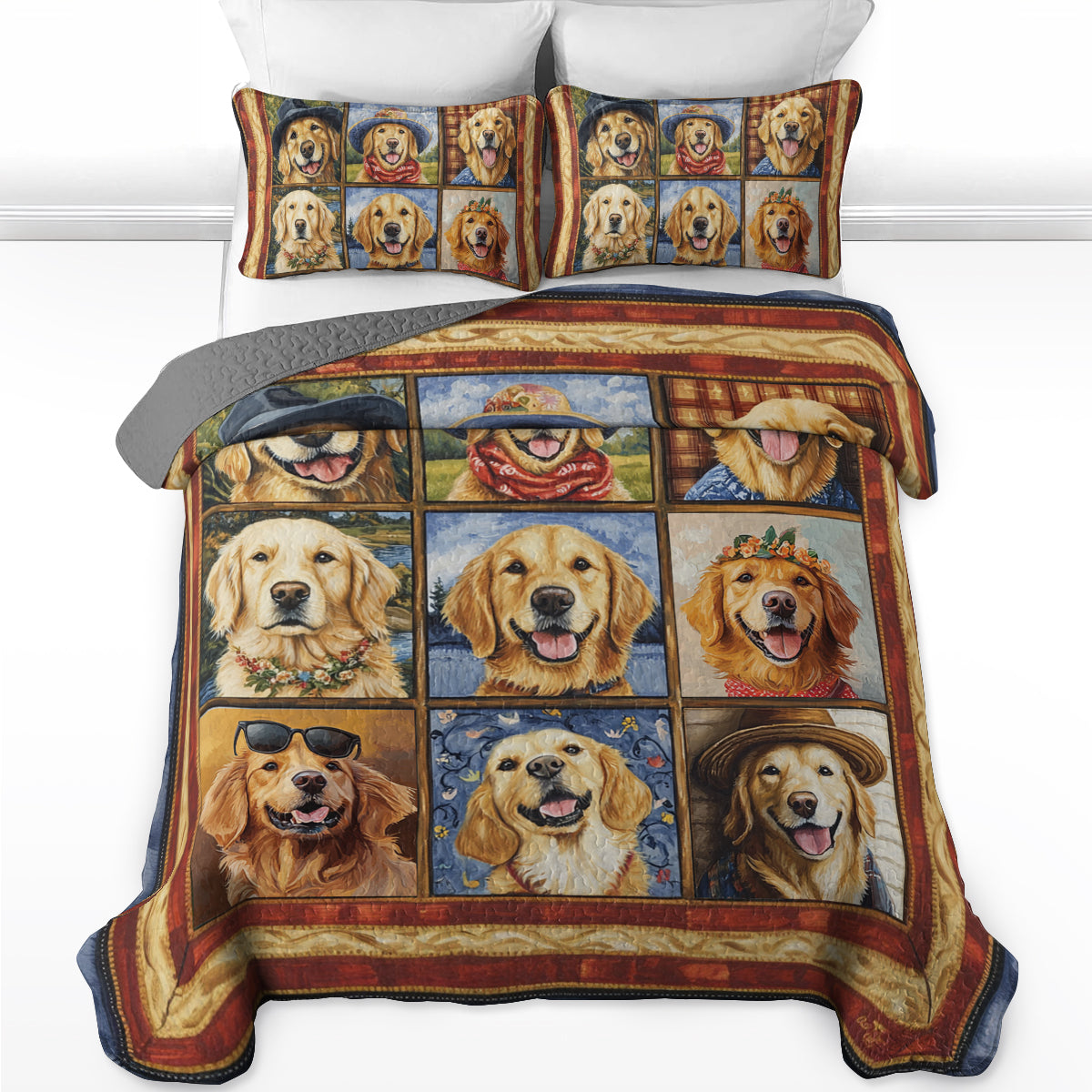 Shineful All Season Quilt 3-Piece Set Happy Golden Retriever