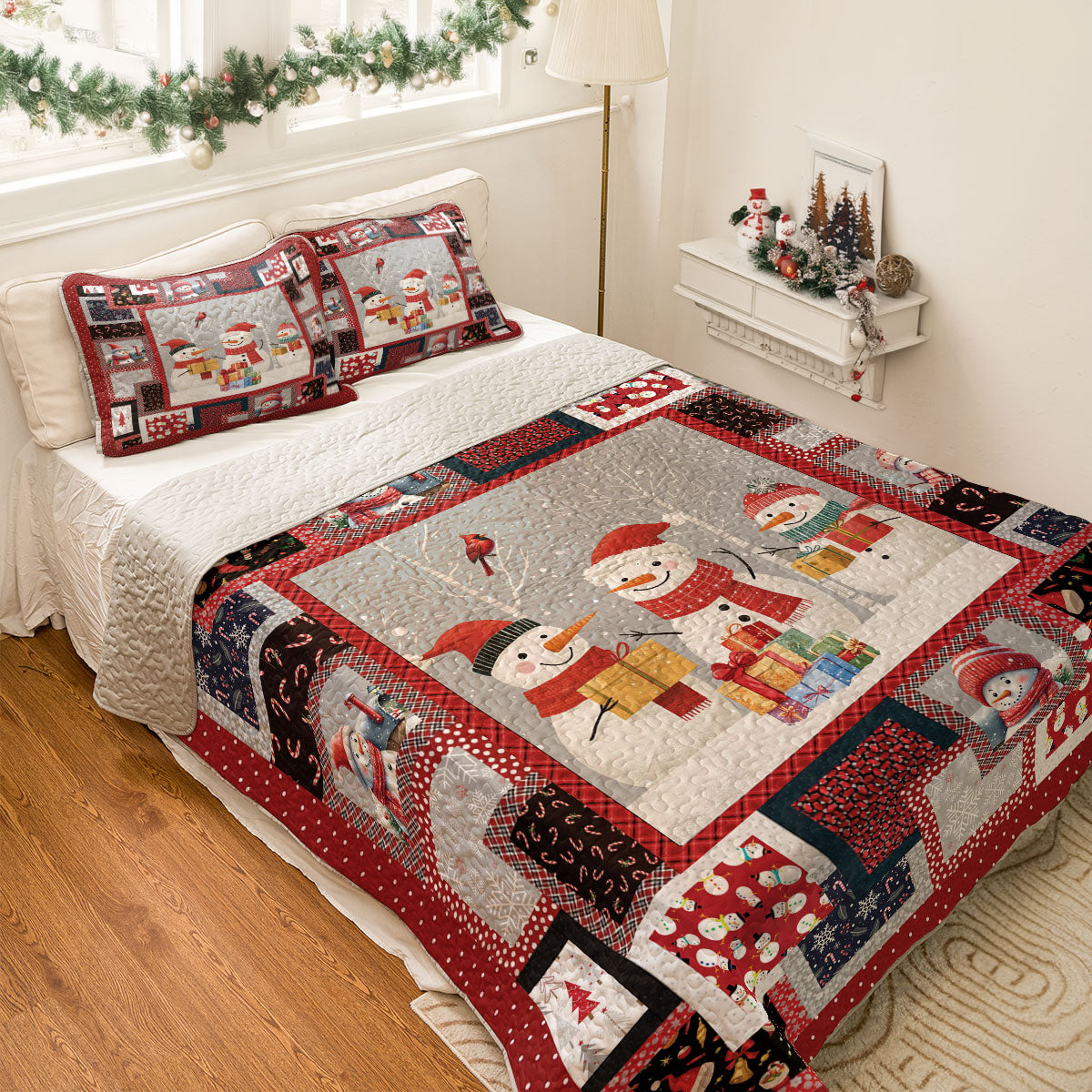 Shineful All Season Quilt 3-Piece Set Snowmen Happy