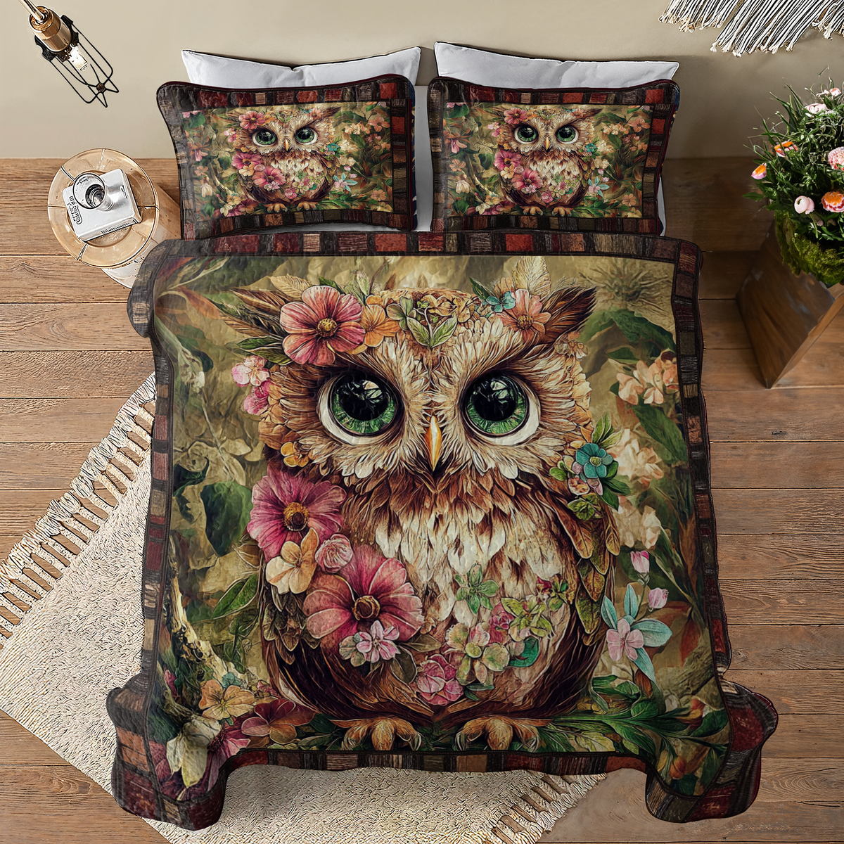 Shineful All Season Quilt 3-Piece Set Vintage Floral Owl