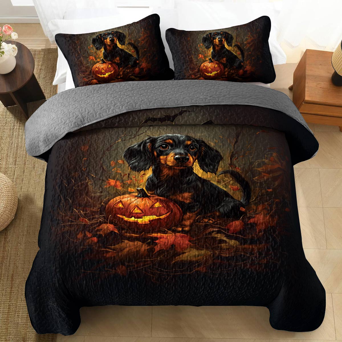 Shineful All Season Quilt 3-Piece Set Spooky Dachshund