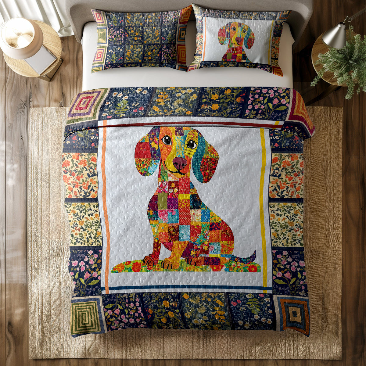 Shineful All Season Quilt 3-Piece Set - Happy Dachshund With Beautiful Flowers