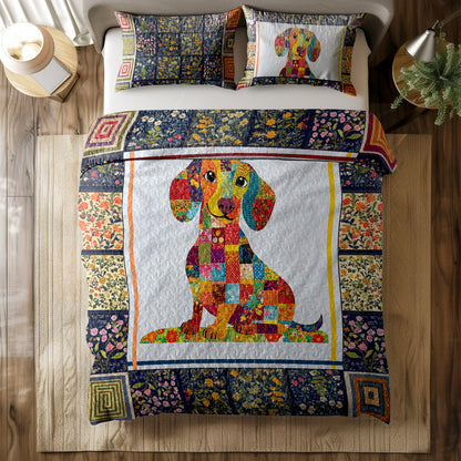 Shineful All Season Quilt 3-Piece Set - Happy Dachshund With Beautiful Flowers