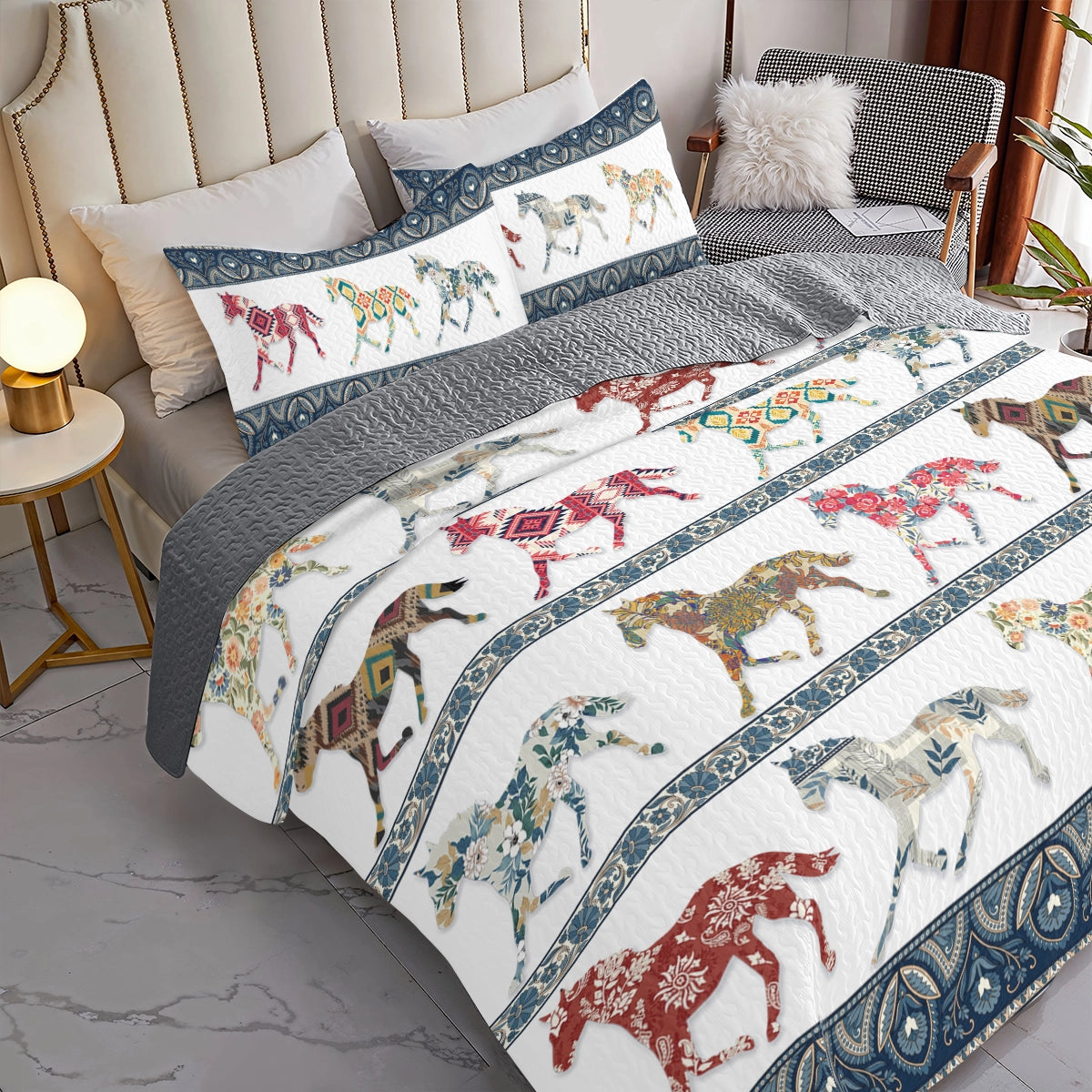 Shineful All Season Quilt 3-Piece Set Horse Galloping In Pattern