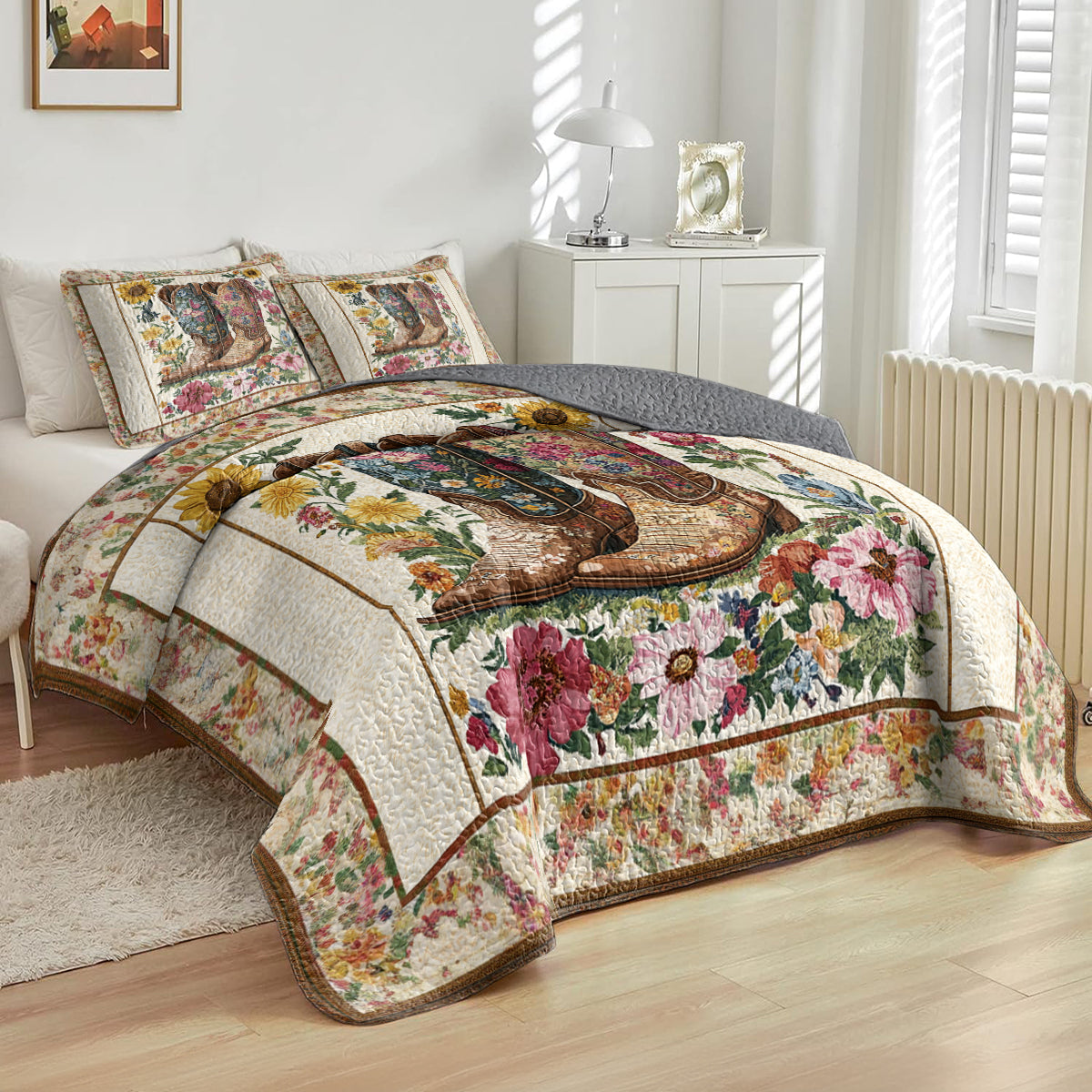 Shineful All Season Quilt 3-Piece Set Floral Cowboy Boots