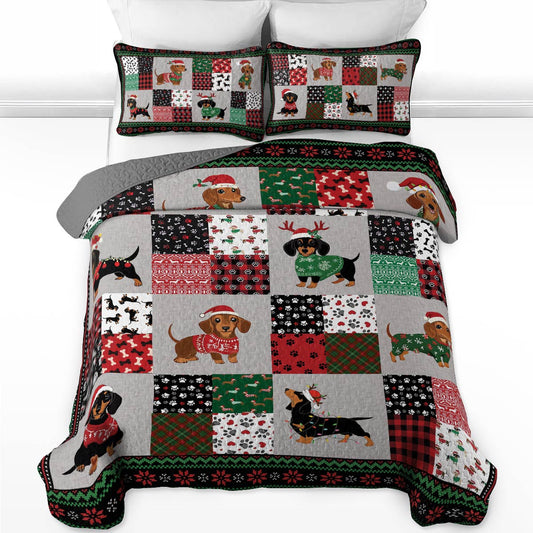 Shineful All Season Quilt 3-Piece Set Festive Dachshund Christmas