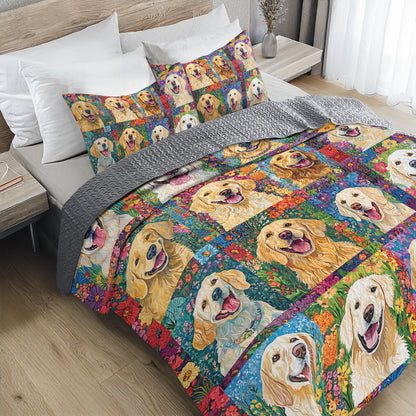 Shineful All Season Quilt 3-Piece Set Floral Golden Retriever Patchwork