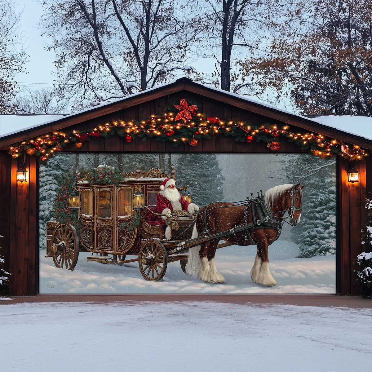 Shineful Garage Door Banner Decoration Santa’s Victorian Carriage Ride