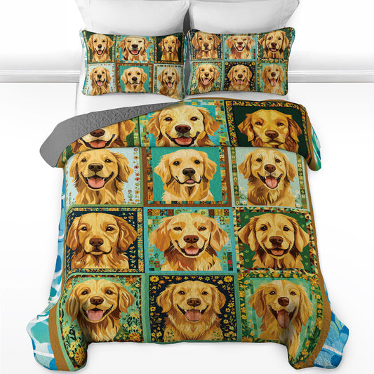 Shineful All Season Quilt 3-Piece Set - Radiant Golden Retriever Smiles