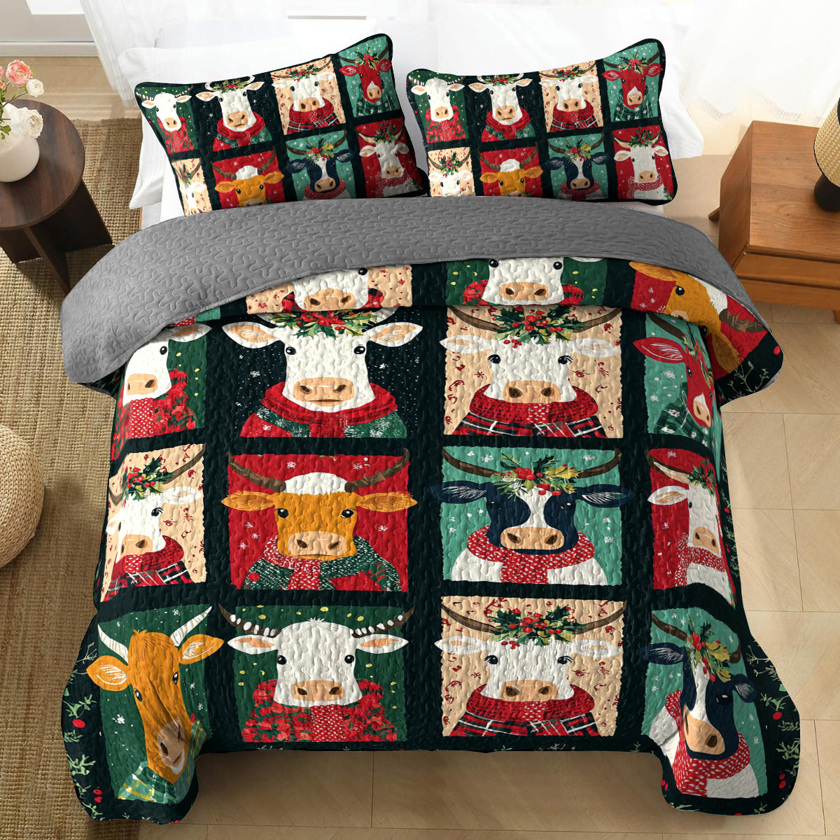 Shineful All Season Quilt 3-Piece Set Joyful Christmas Cow