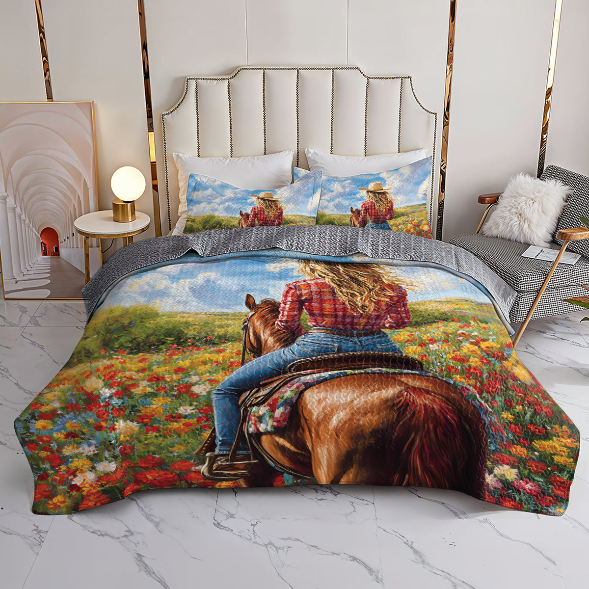 Shineful All Season Quilt 3-Piece Set Cowgirl And Horse On Flower Field