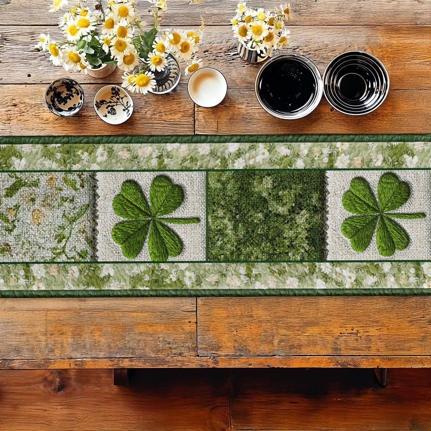 Shineful 2D Flat Print Quilted Table Runner Shamrock Blessing