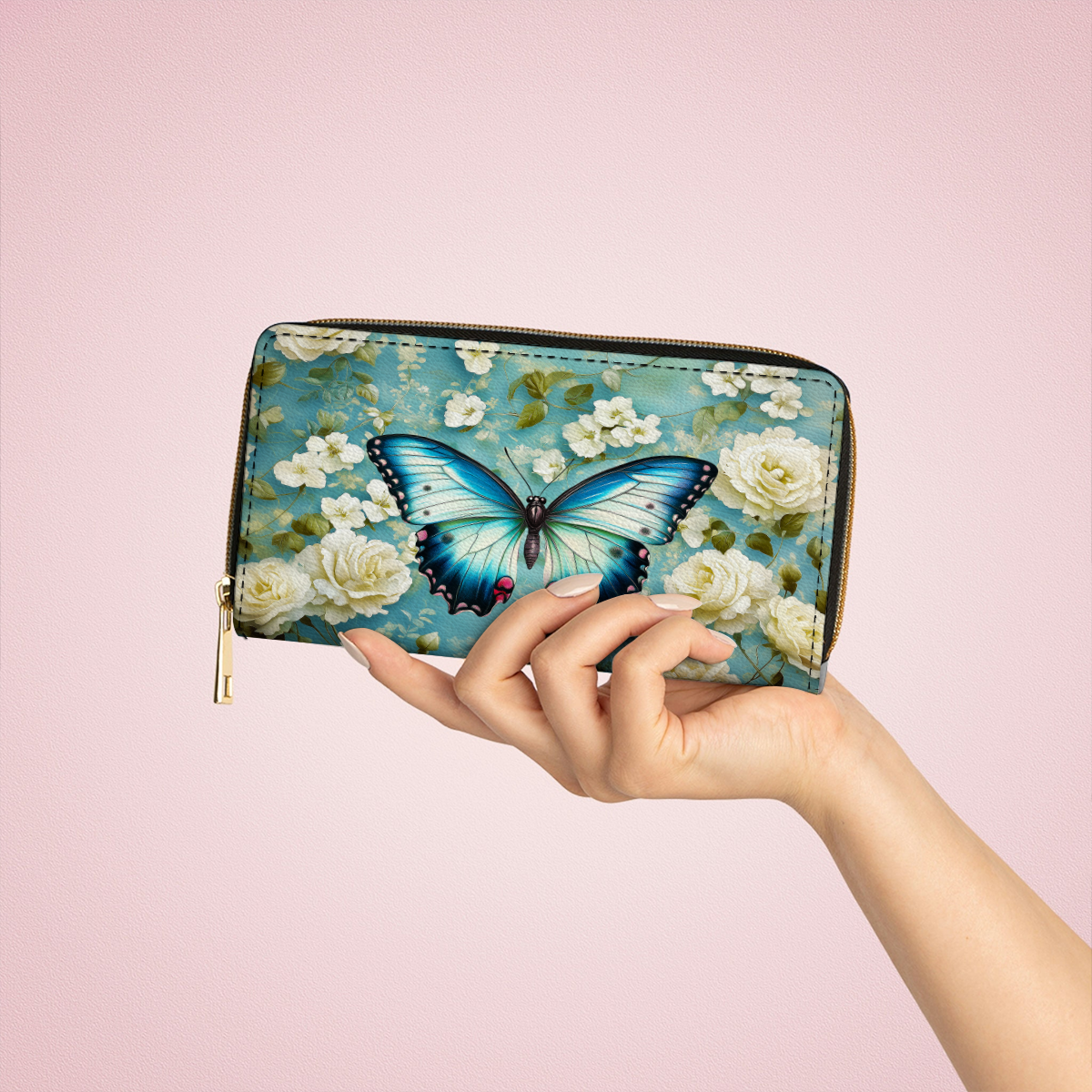 Shineful Leather Clutch Purse With Wristlet Strap Handle Frosty Winter Butterfly