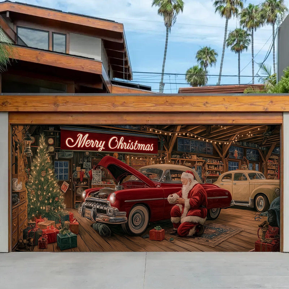Shineful Garage Door Banner Decoration Santa’s Classic Car Workshop