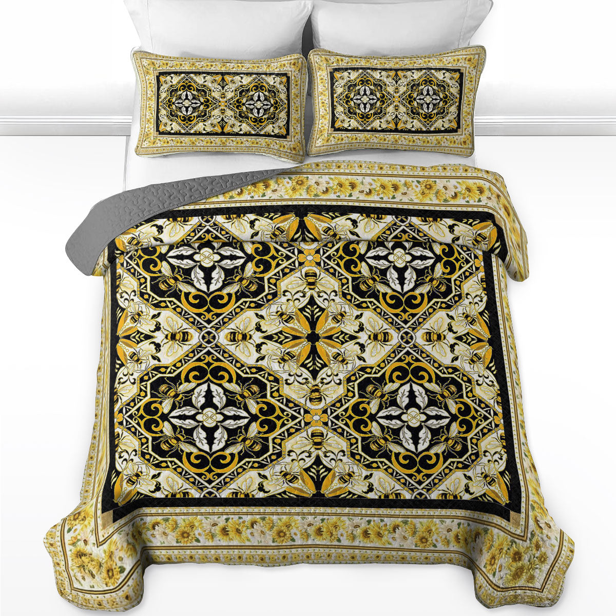 Shineful All Season Quilt 3-Piece Set Golden Honeycomb Elegance