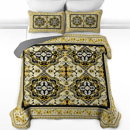 Shineful All Season Quilt 3-Piece Set Golden Honeycomb Elegance
