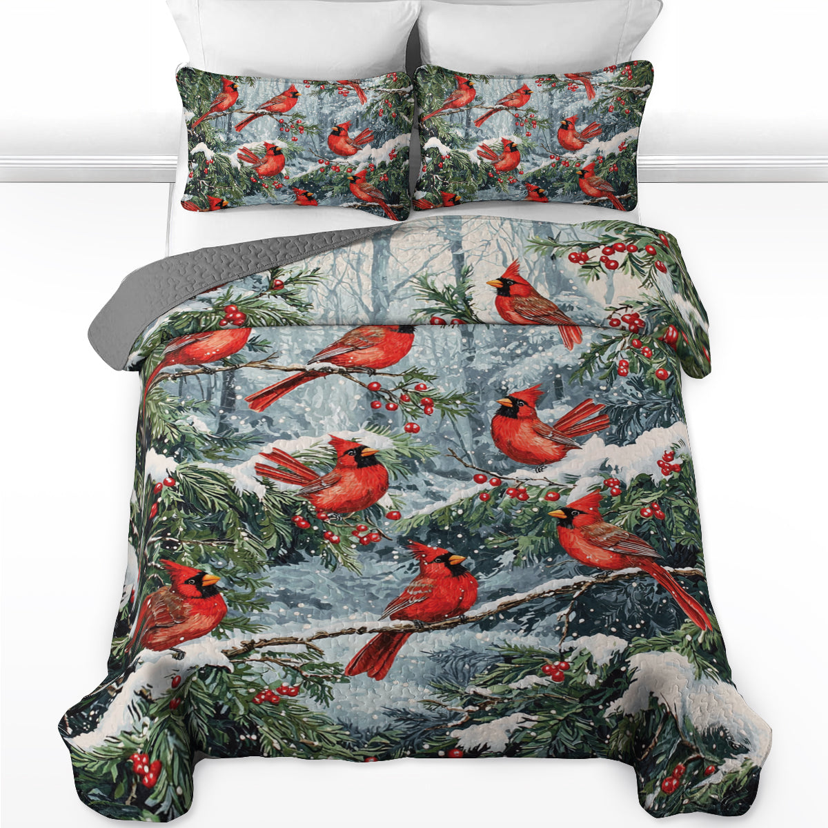 Shineful All Season Quilt 3-Piece Set Winter Cardinal Wonderland