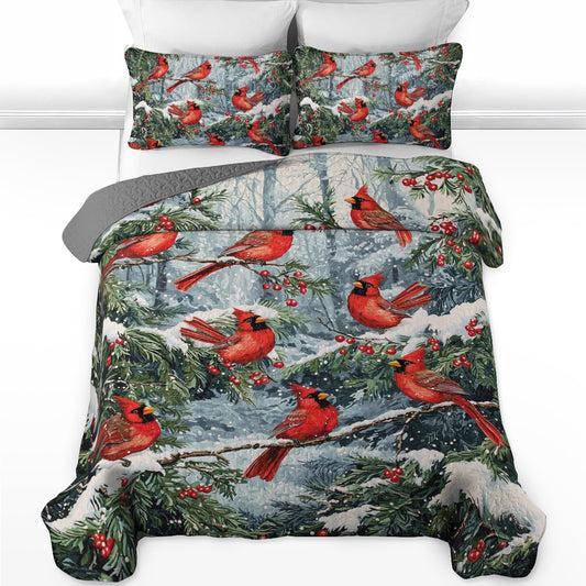 Shineful All Season Quilt 3-Piece Set Winter Cardinal Wonderland
